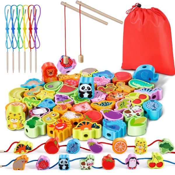 Jojoin 46 PCS Wooden Threading Toys - 2 in 1 Magnetic Fishing Montessori Toys for 2 3 Year Old Boys Girls | Animals Fruits Stringing Toys Gifts - Educational Toddler Preschool Activities Beaded Toys