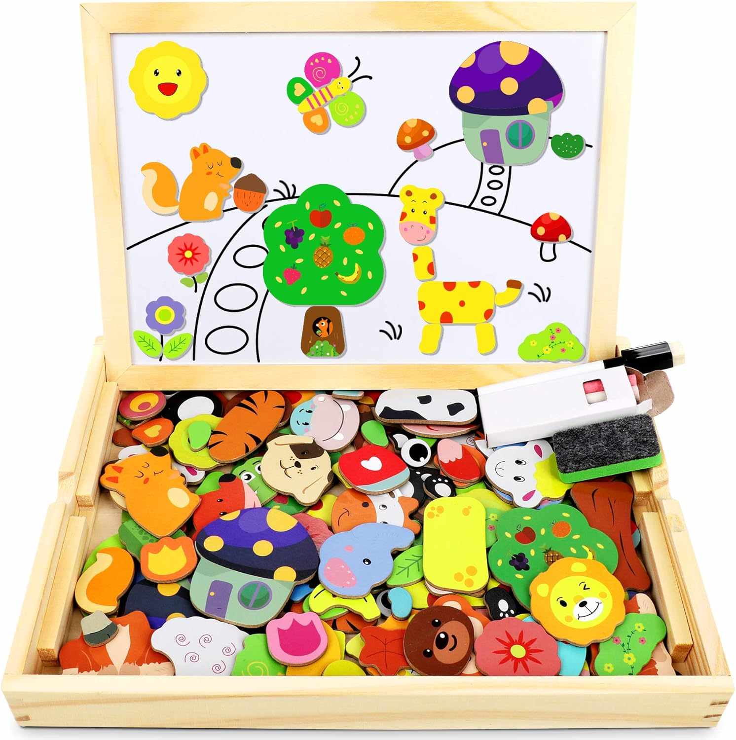 Magnetisches Holzpuzzle 110 Stück, Magnettafel Kinder, Puzzle ab 3, Montessori Spielzeug ab 3 Jahre, Wald and Tier Puzzles Kinderspiele, Geschenk für Mädchen Junge Halloween Christmas